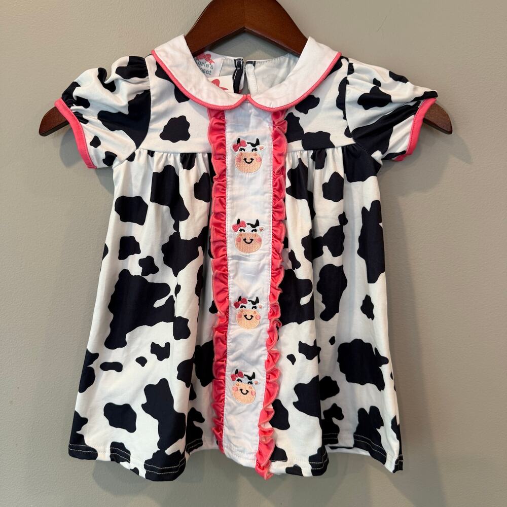 Kories Closet Cow Print Dress Spotted‎ Embroidered Pink Ruffle Trim Sz 12 18 Mos